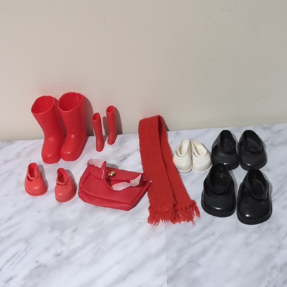 Vintage Doll Accessory Set with Red Boots and Black Shoes